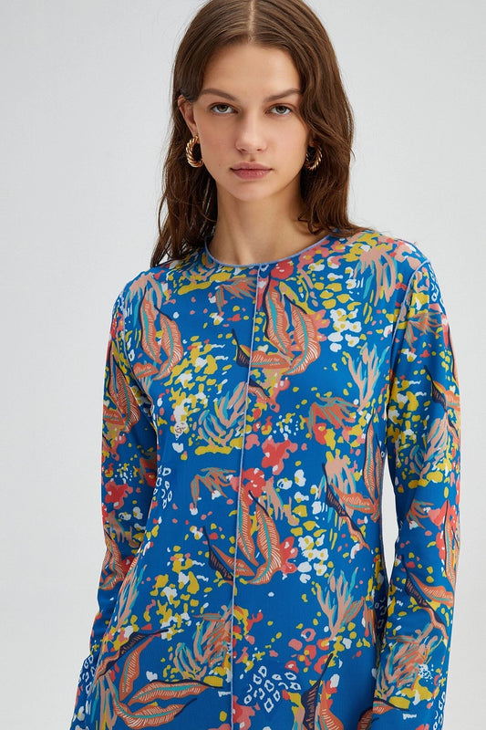 Patterned Ribbed Dress - Blue