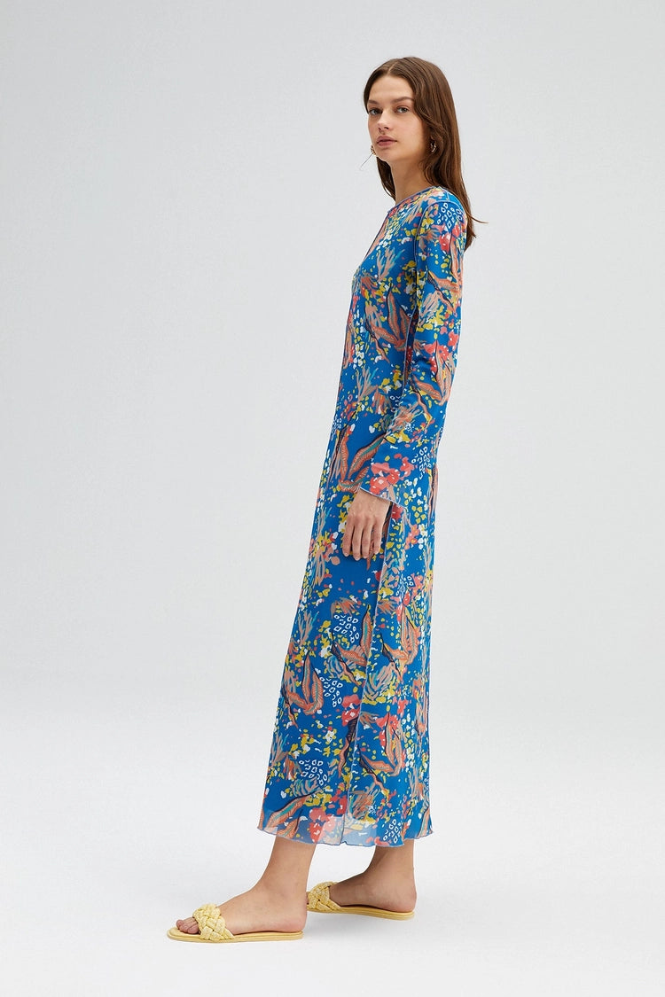 Patterned Ribbed Dress - Blue
