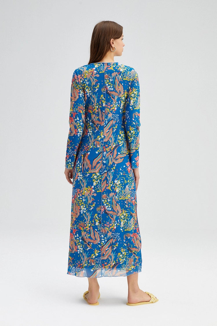Patterned Ribbed Dress - Blue