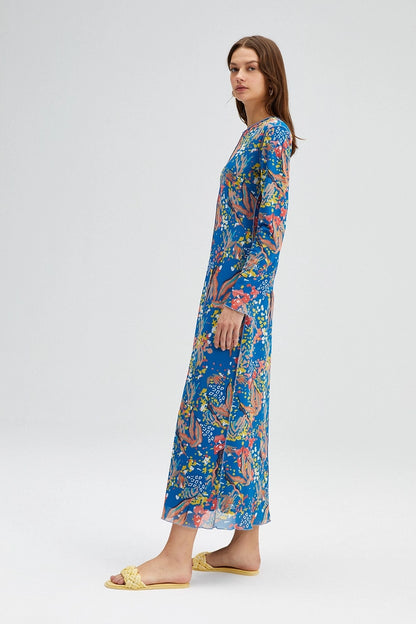 Patterned Ribbed Dress - Blue
